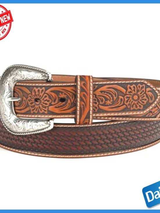 Western Floral Black Leather Belt for Men Women, Cowboy  Genuine Leather Western Belt with Floral Embossed Design, Size 34